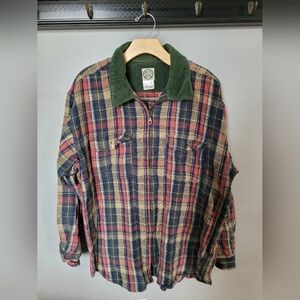 R&R Mens L Plaid Zip-Up with Curduroy Collar And Elbow Pads Cabincore 90s Grunge